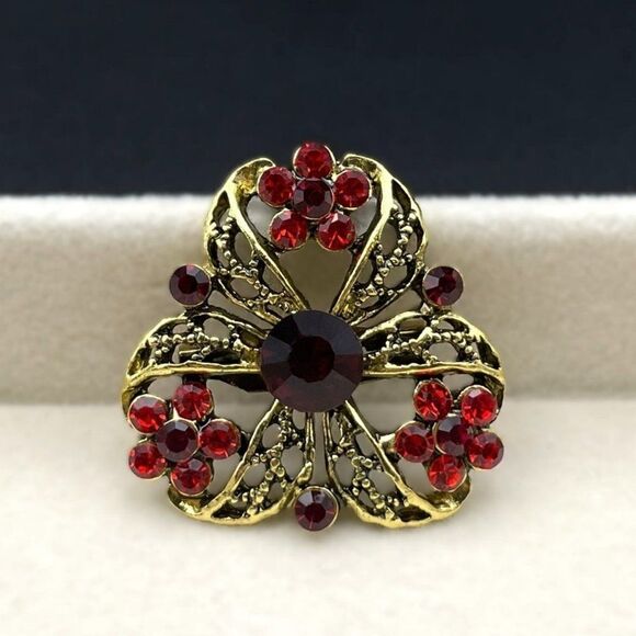 Yellow Gold with Ruby Red and Garnet Red Crystal Flower Pin Back Brooch - Picture 3 of 9